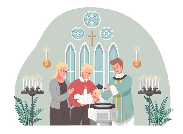 Free vector christian church cartoon scene with priest baptising baby vector illustration