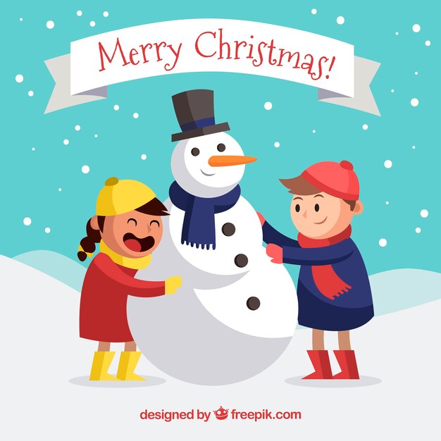 Christmas background with children and snow man