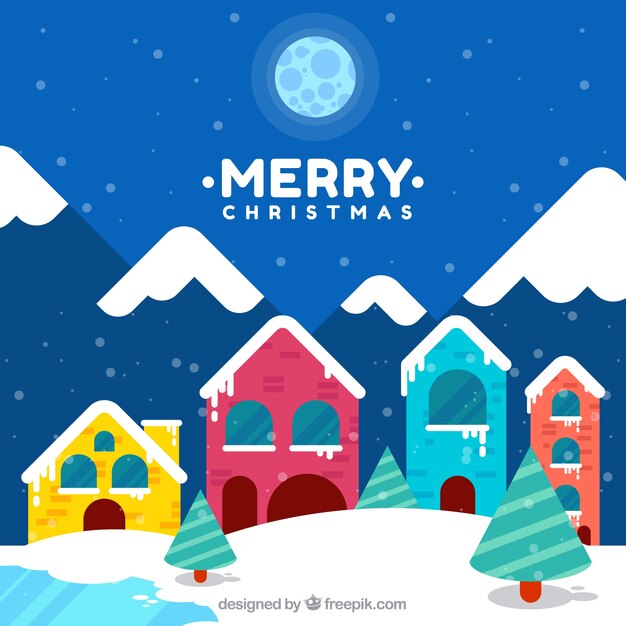 Christmas background with cute mountain village