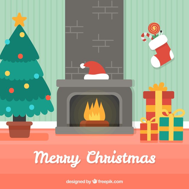 Christmas background with fireplace and gifts in flat design