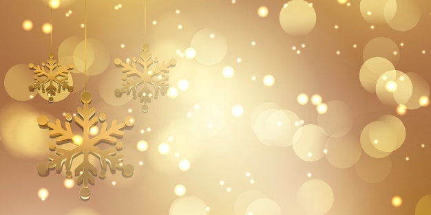 Christmas background with gold snowflakes and bokeh lights