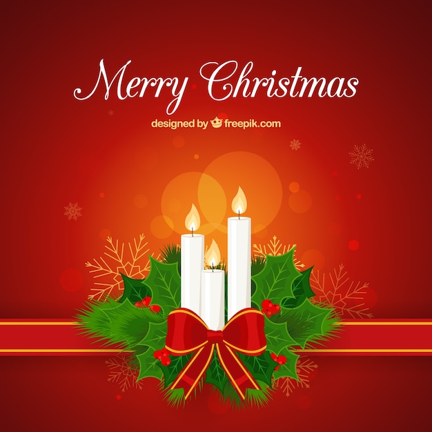 Christmas background with three white decorated candles