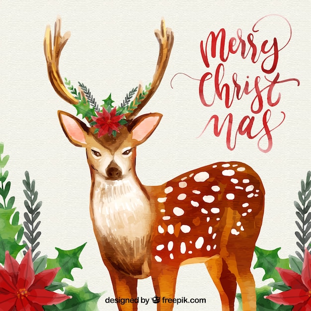 Free vector christmas background with watercolor deer