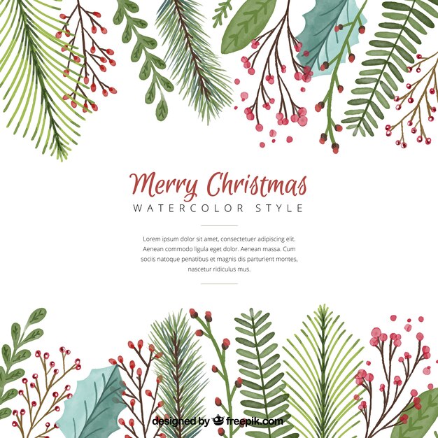 Christmas background with watercolor leaves