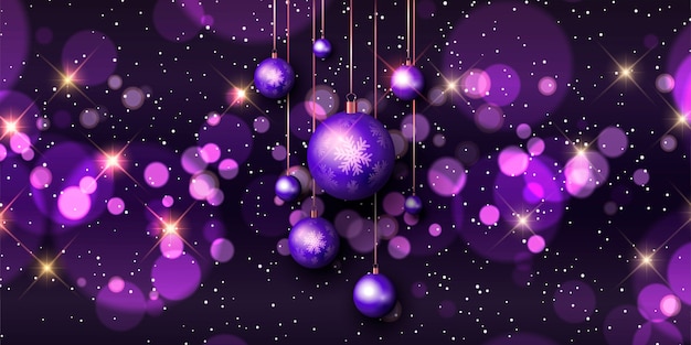 Free Vector christmas banner with bokeh lights and hanging baubles