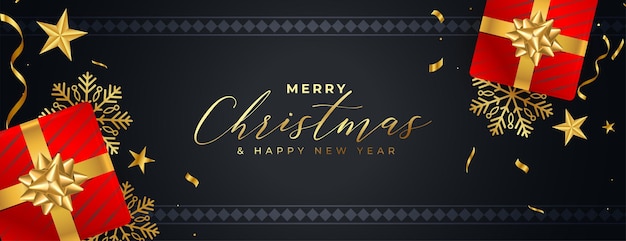 Free vector christmas banner with ornamental gold elements and confetti