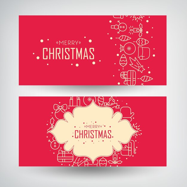 Christmas banners set with drawing snowmen, garlands, candles and traditional holiday elements