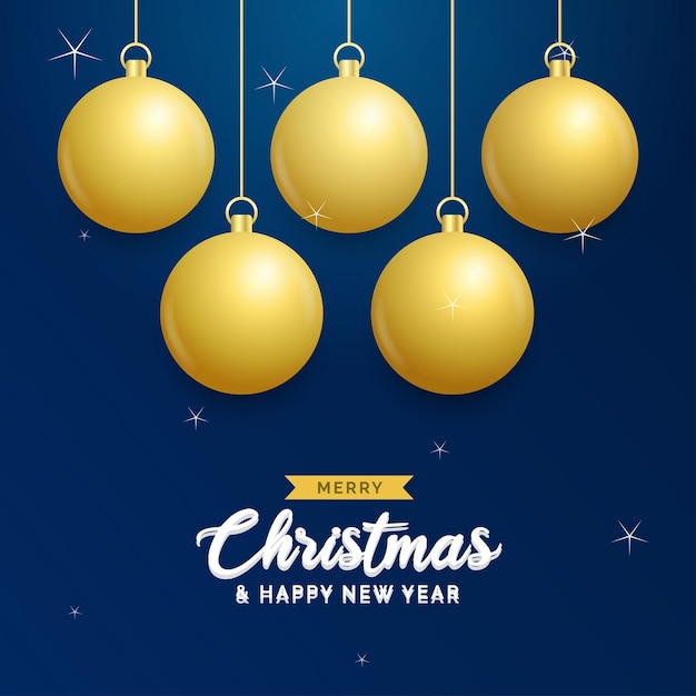 Free vector christmas blue background with hanging shining golden balls merry christmas greeting card holiday xmas and new year poster web banner vector illustration