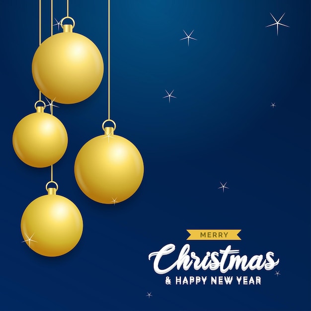 Free Vector christmas blue background with hanging shining golden balls merry christmas greeting card holiday xmas and new year poster web banner vector illustration