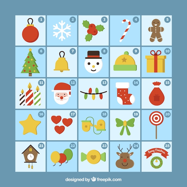 Christmas calendar template with decorative elements in flat design