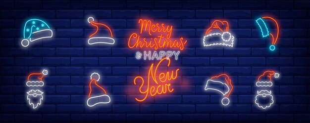 Christmas cap symbols set in neon style