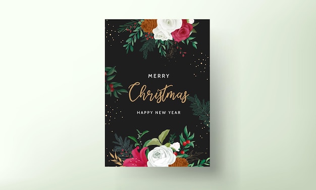 christmas card template design with beautiful flower and gold leaves