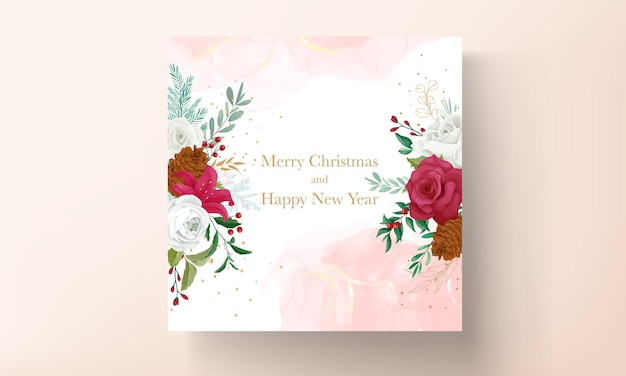 christmas card template design with beautiful flower and gold leaves