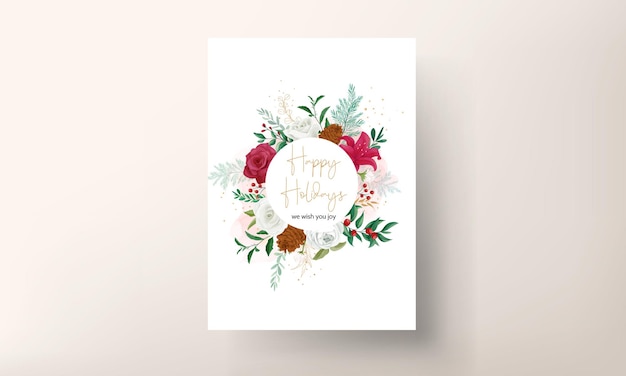 christmas card template design with beautiful flower and gold leaves