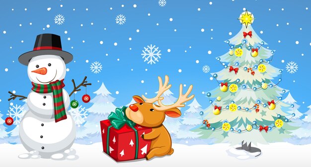 Christmas cartoon characters on snowy blue background