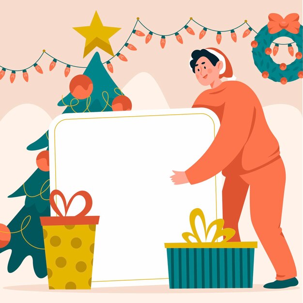 Christmas character holding blank banner