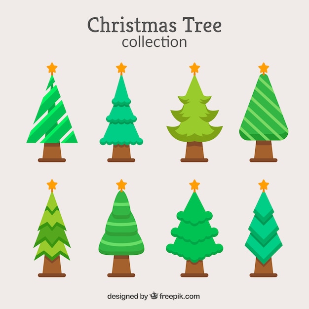 Christmas collection of eight trees in different shades of green