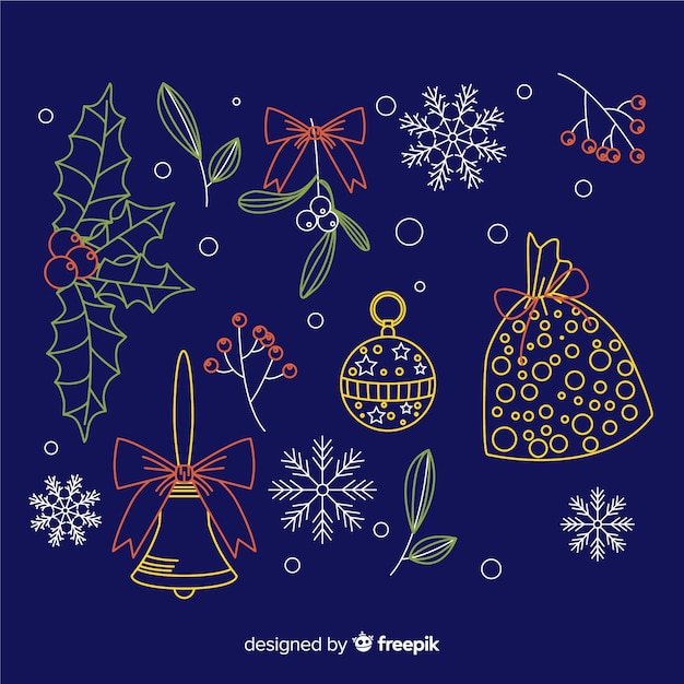 Christmas decoration on blue background hand drawn style