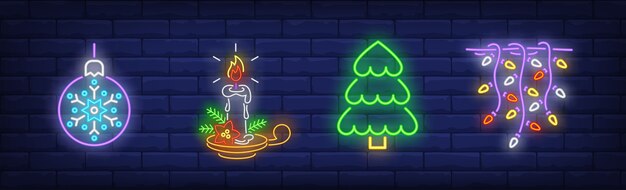 Christmas decoration symbols set in neon style