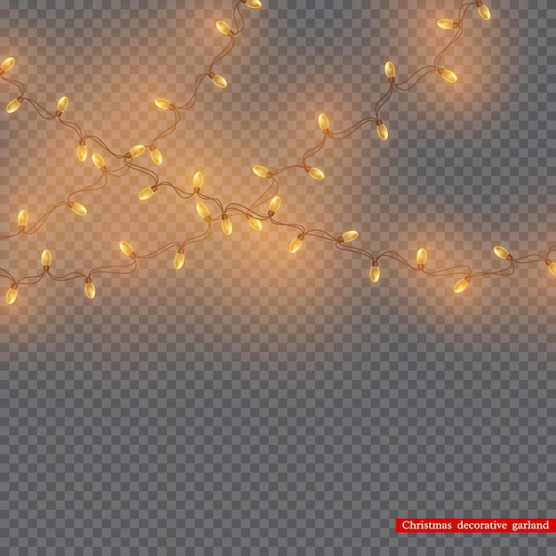 Christmas decorative garland, glowing lights for holiday design. Transparent background. Vector illustration.