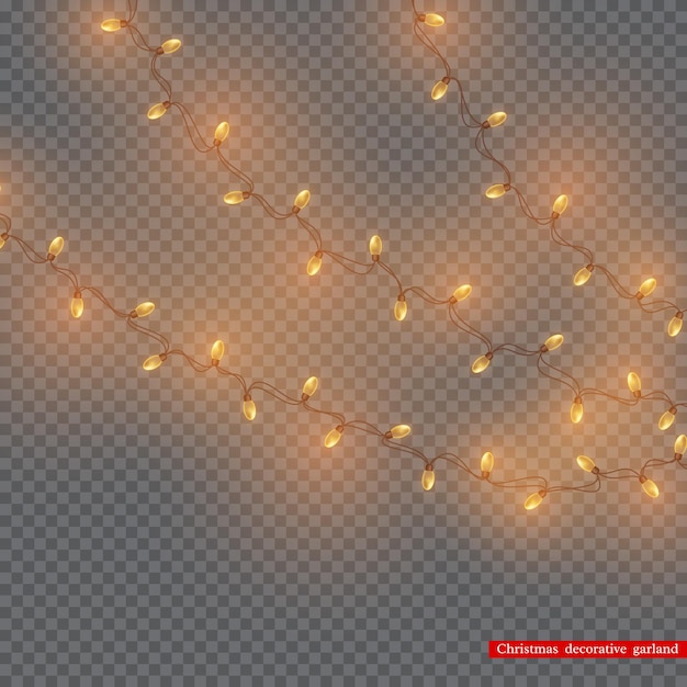 Christmas decorative garland, glowing lights for holiday design. Transparent background. Vector illustration.