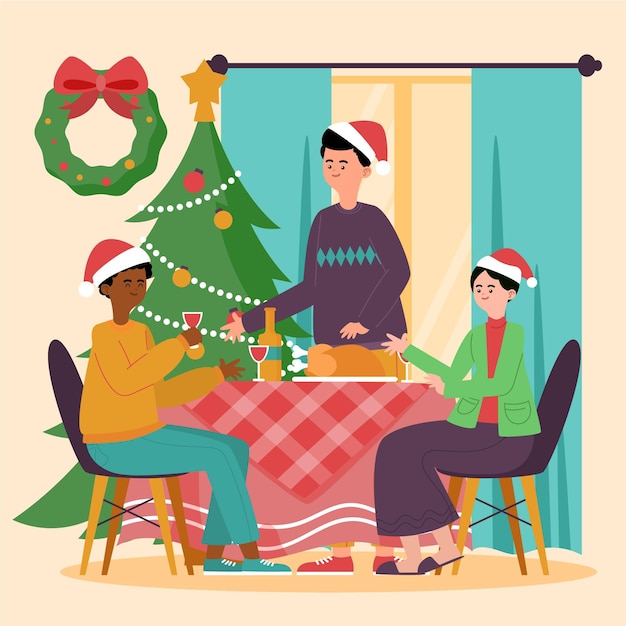 Christmas dinner scene illustration