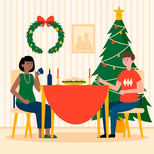 Free Vector christmas dinner scene illustration