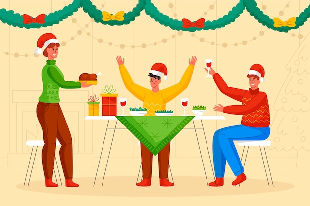 Free Vector christmas dinner scene illustration