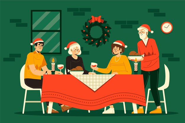 Christmas dinner scene illustration