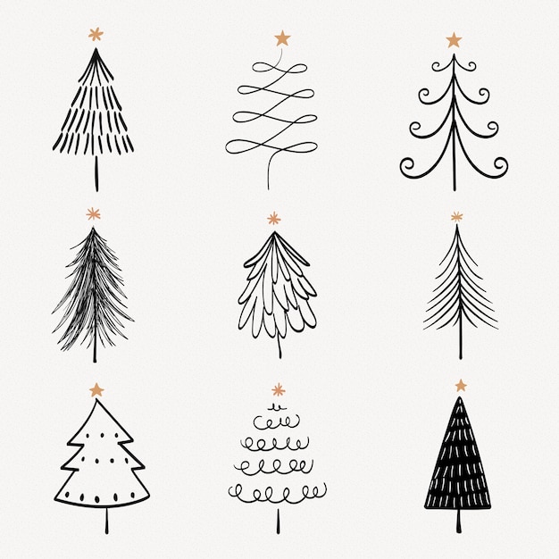 Free Vector christmas doodle sticker, cute tree and animal illustration in black vector set