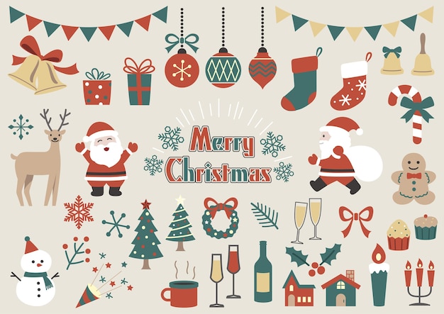 Christmas Elements Vector Flat Illustration Set Isolated On A Plain Background