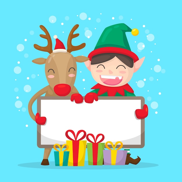 Christmas elf and reindeer holding blank banner