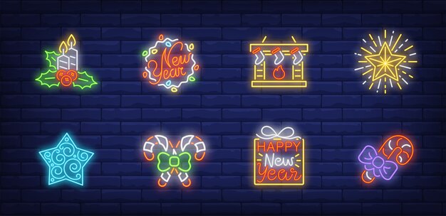 Christmas Eve symbols set in neon style