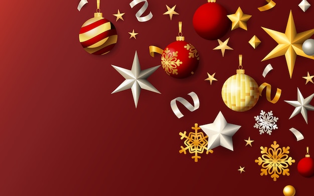 Christmas festive banner with balls and stars on red background