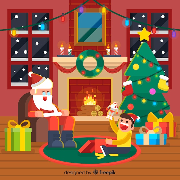 Christmas fireplace background santa with kid