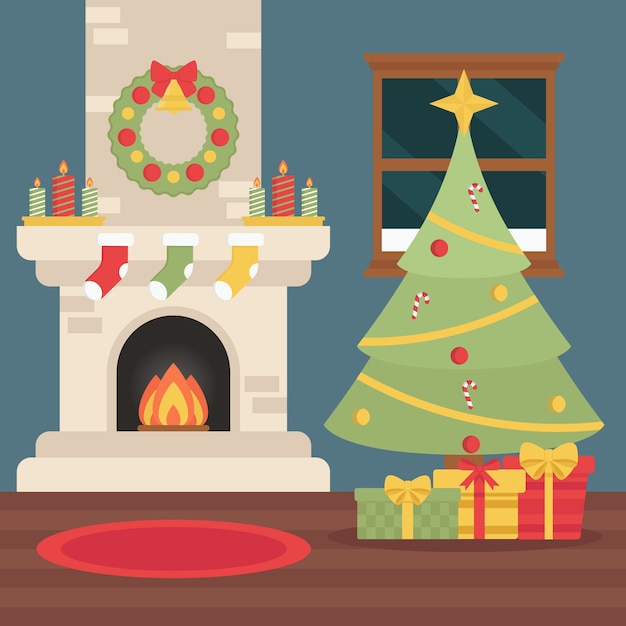 Christmas fireplace illustration in flat design