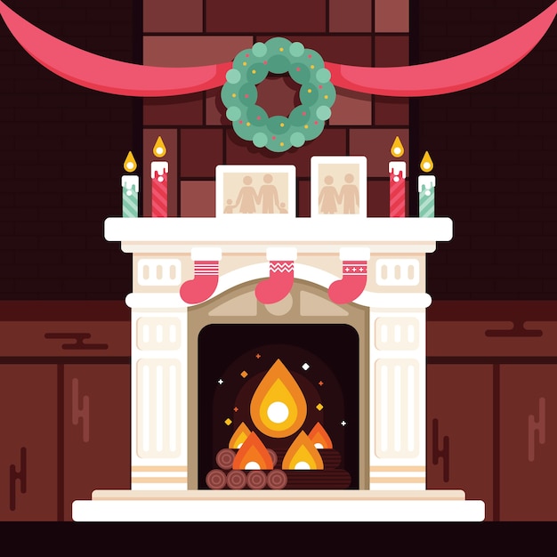 Free vector christmas fireplace scene concept in flat design