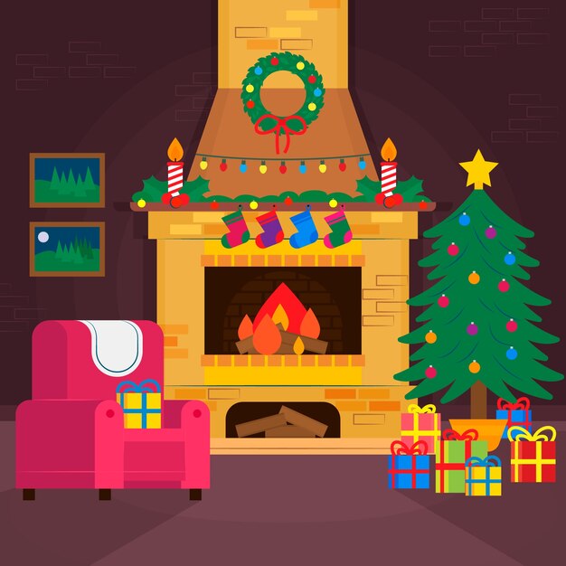 Christmas fireplace scene concept in flat design