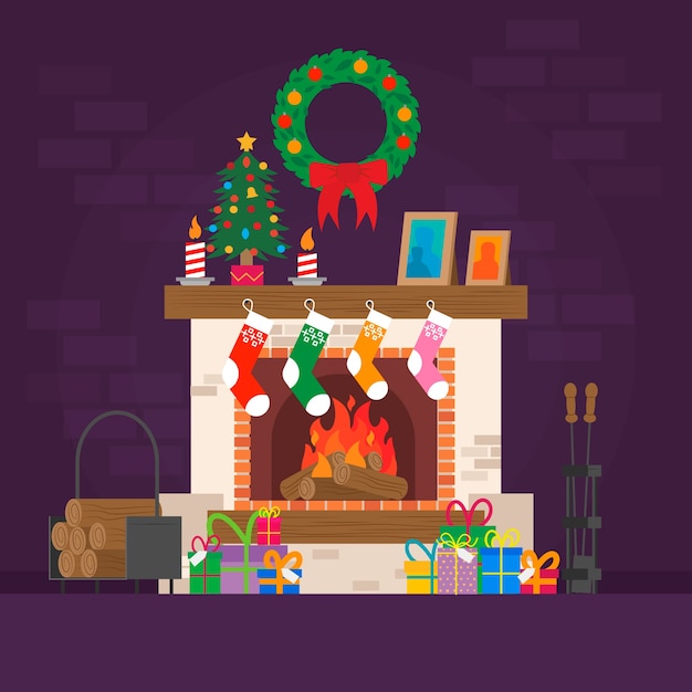 Christmas fireplace scene concept in flat design