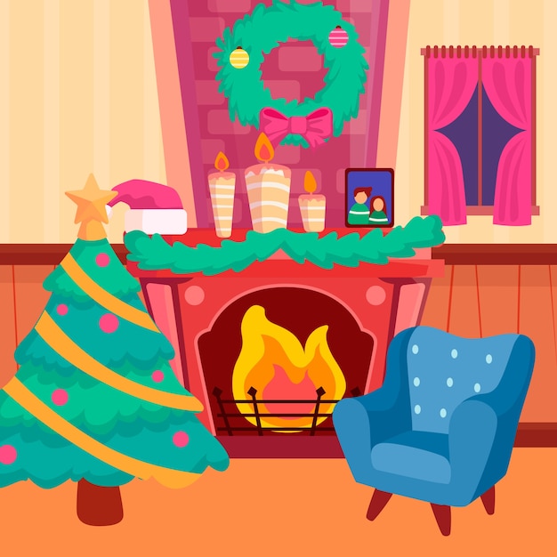 Christmas fireplace scene concept in flat design