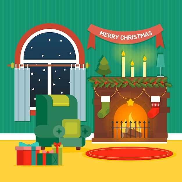 Christmas fireplace scene concept in flat design