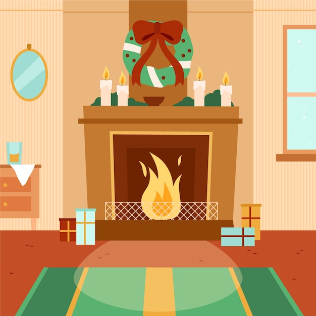 Christmas fireplace scene concept in hand drawn