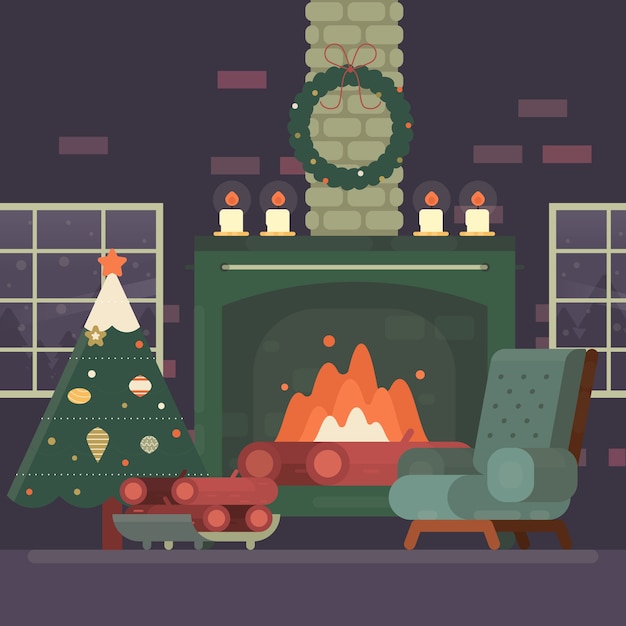 Free Vector christmas fireplace scene in flat design