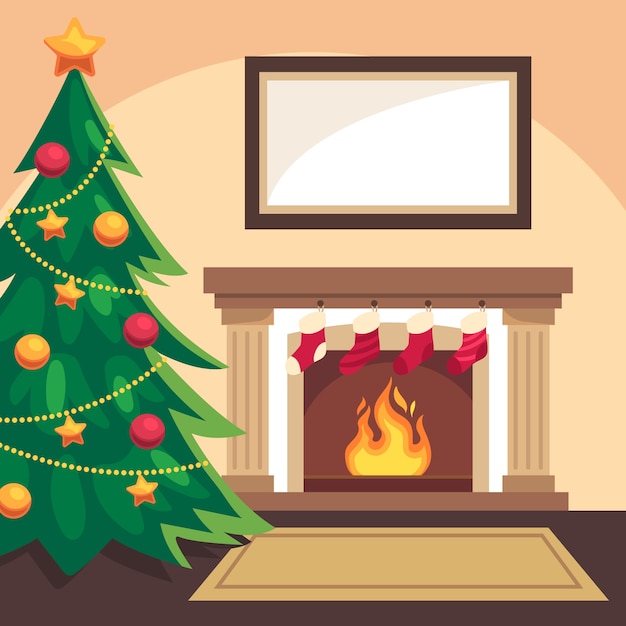 Christmas fireplace scene in flat design