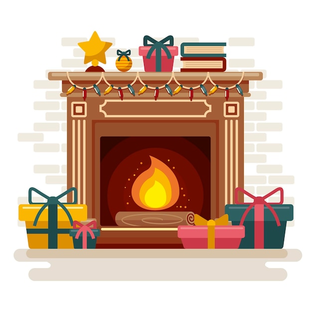 Christmas fireplace scene in flat design