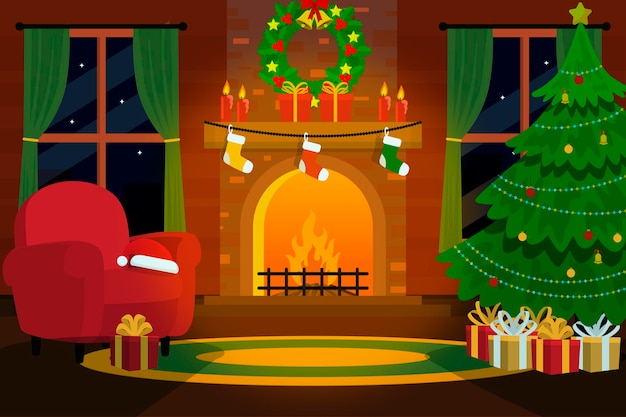 Christmas fireplace scene in flat design