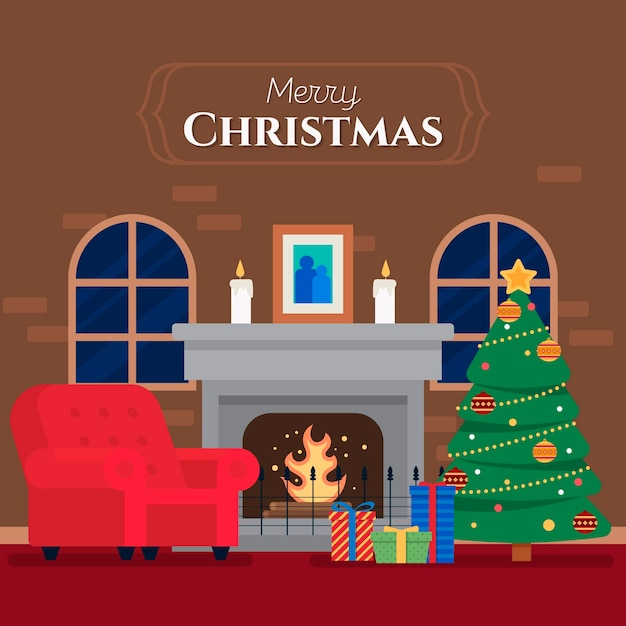 Christmas fireplace scene in flat design