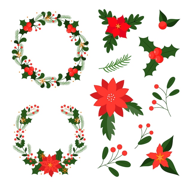 Christmas flower & wreath collection in flat design