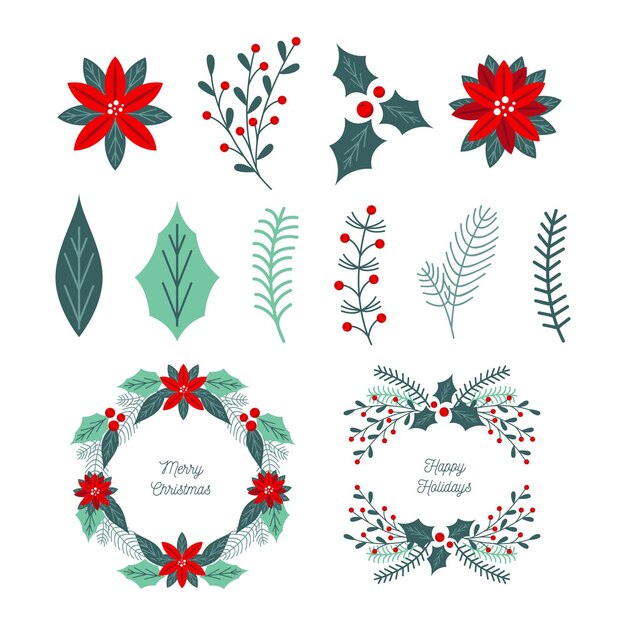 Christmas flower & wreath collection in flat design