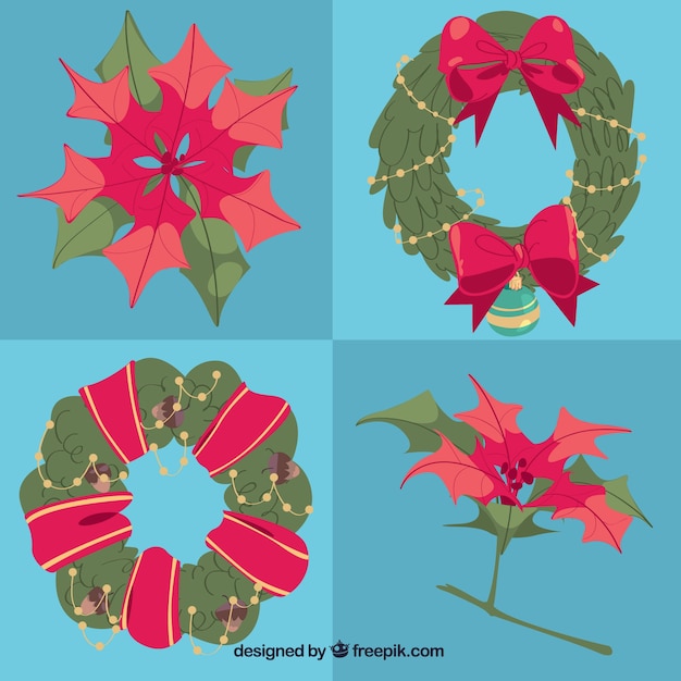 Christmas flowers and wreaths in flat design